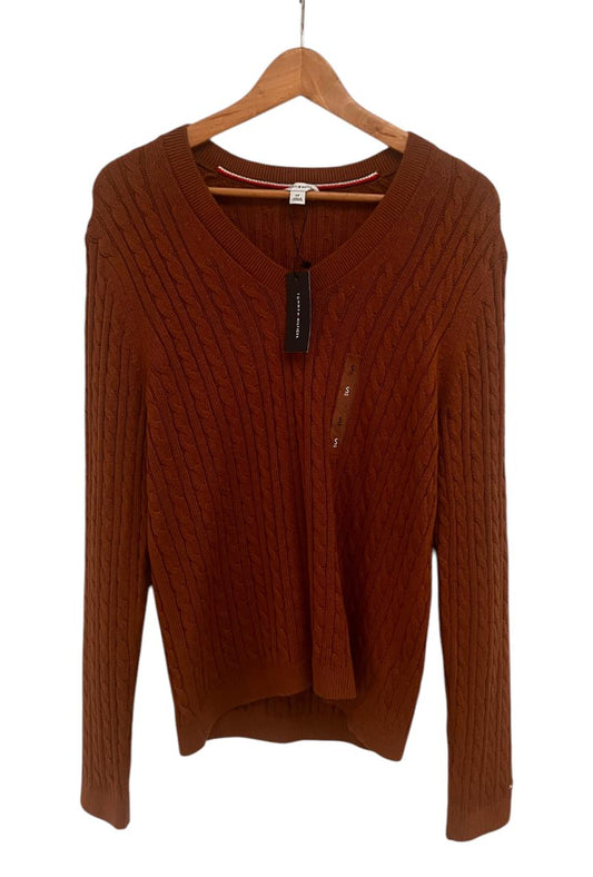 Saco café Tommy Hilfiger cuello v de punto de cable