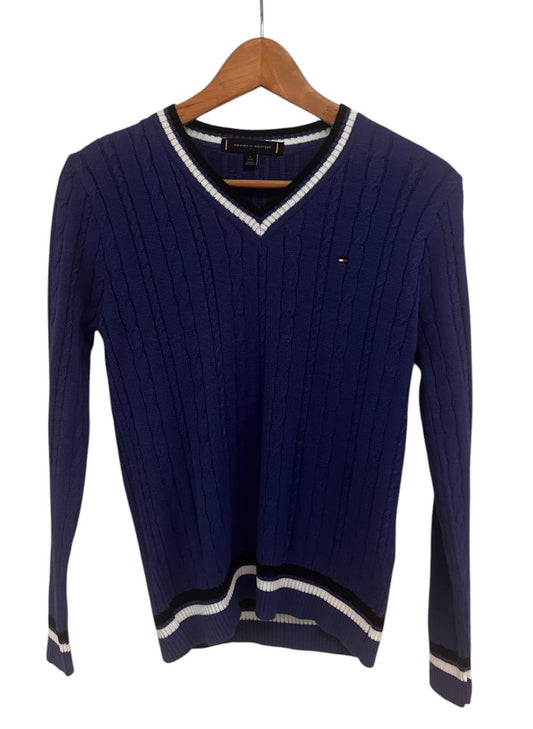 Saco azul Tommy Hilfiger cuello v de punto de cable con bandera
