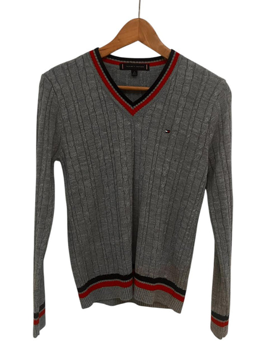 Saco gris Tommy Hilfiger cuello v de punto de cable con bandera