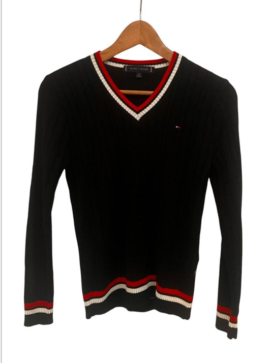 Saco negro Tommy Hilfiger cuello v de punto de cable con bandera