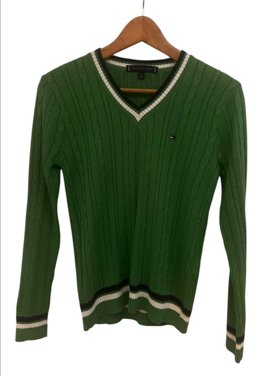 Saco verde Tommy Hilfiger cuello v de punto de cable con bandera
