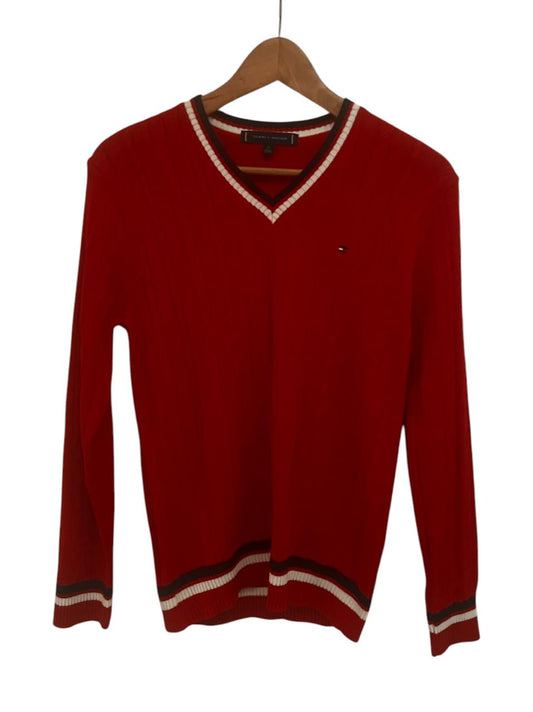 Saco rojo Tommy Hilfiger cuello v de punto de cable con bandera